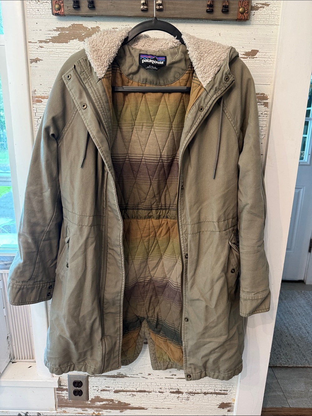 Patagonia Olive Hooded Trench Coat with Sherpa Trim